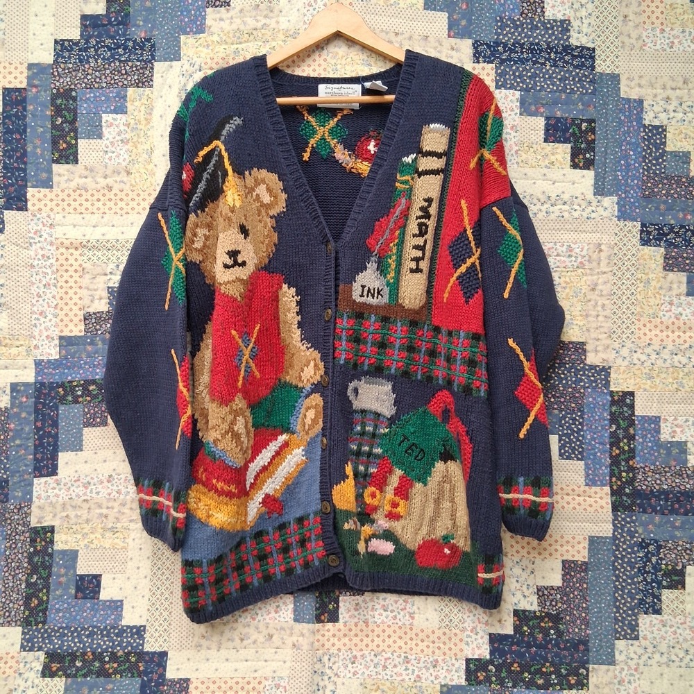 VTG Signatures Northern Isles II School Teacher Cardigan Hand Knitted 2X Teddy